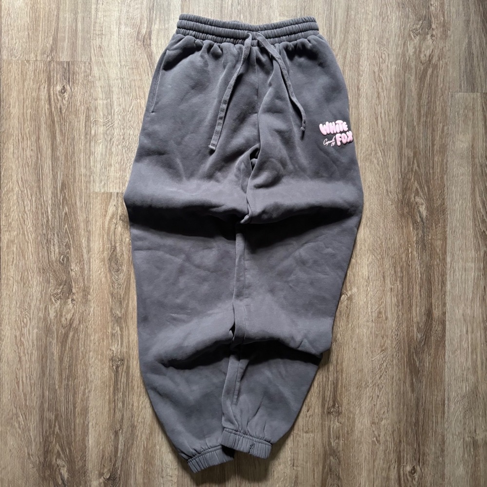 Y2K White Fox Charcoal Grey Puff Print Sweatpants Joggers Womens XXS